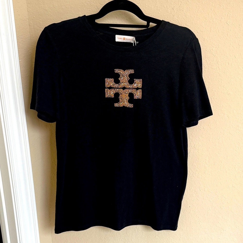 NWT Tory Burch Black cotton Tee with Gold Logo sz S